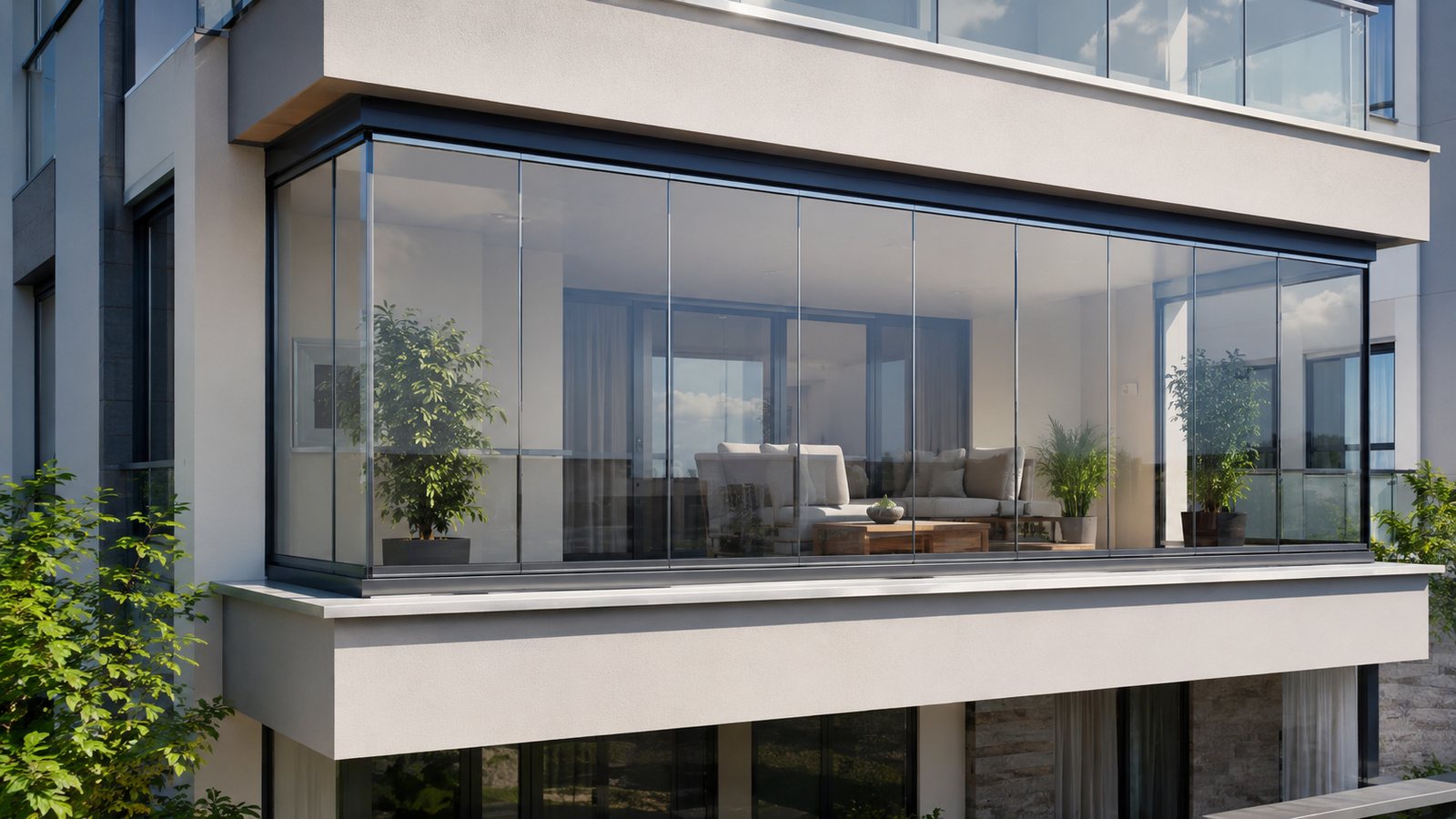 Isıcamlı cam balkon uygulaması yapılmış modern bir bina balkonu