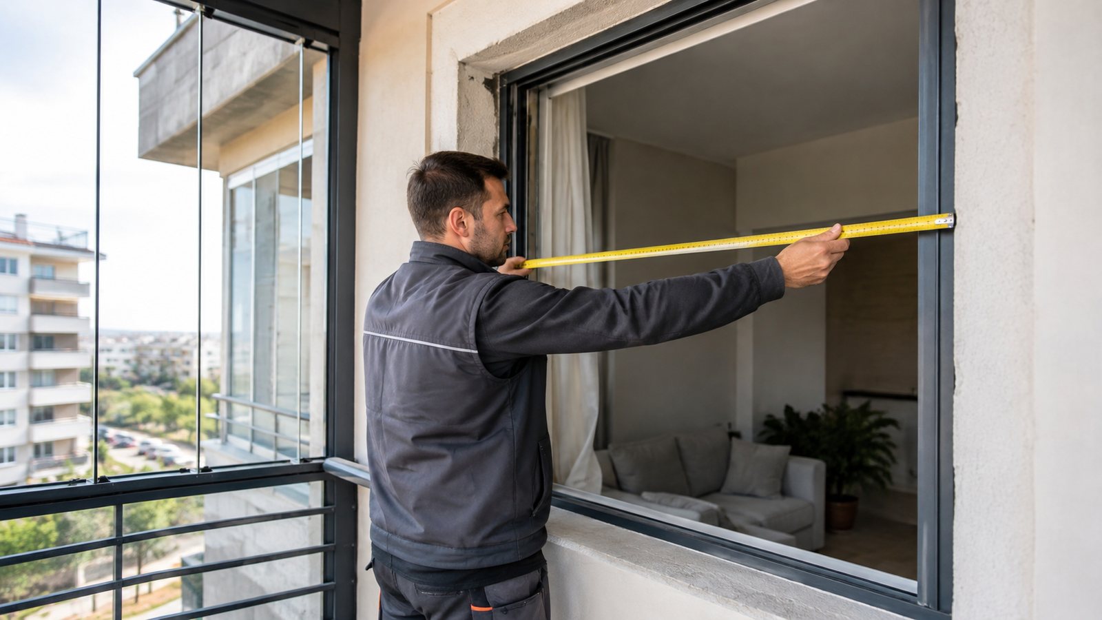 Usta pencere boşluğunda metre ile ölçü alıyor