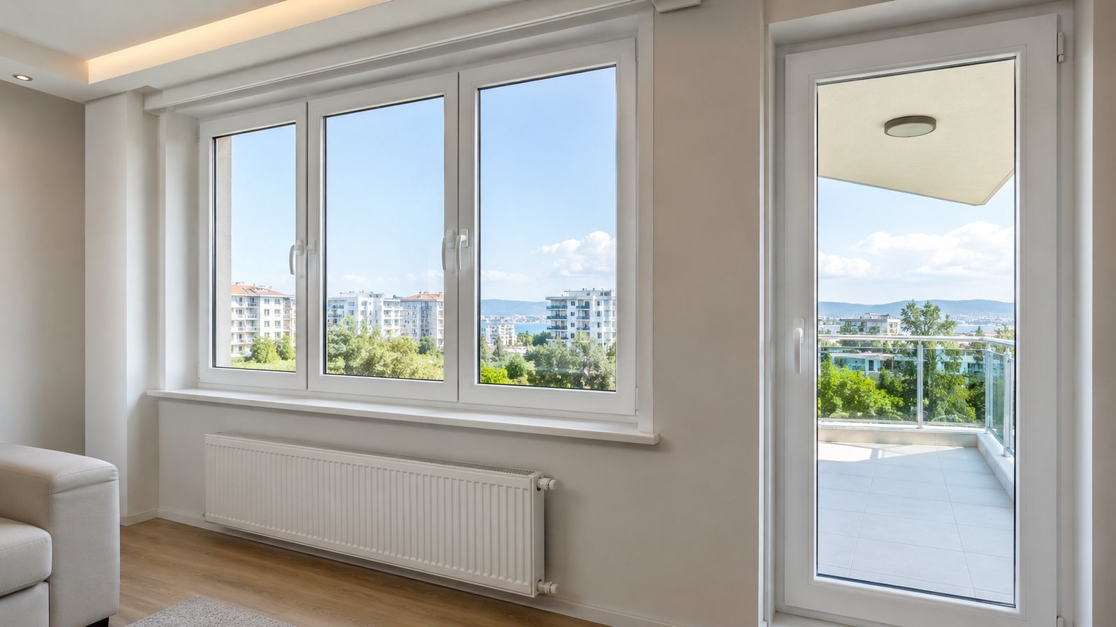 Beyaz PVC pencere ve balkon kapısı uygulanmış oturma odası