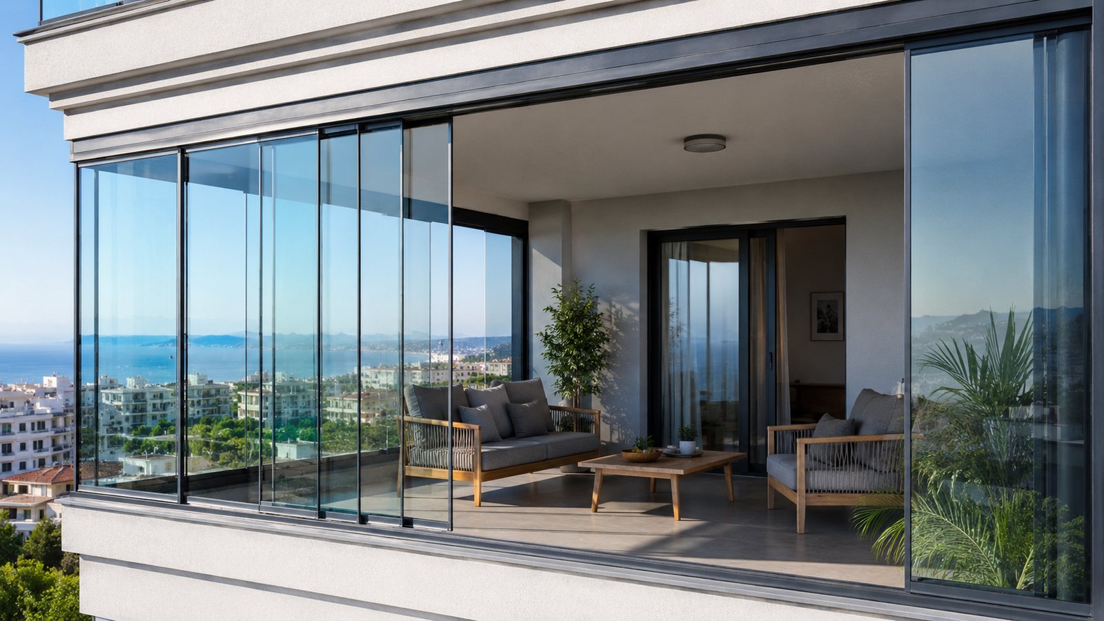 Sürgülü cam balkon sistemi uygulanmış geniş balkon